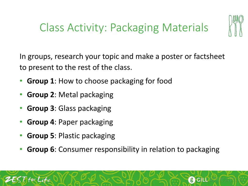 class activity packaging materials