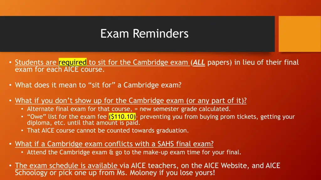 exam reminders