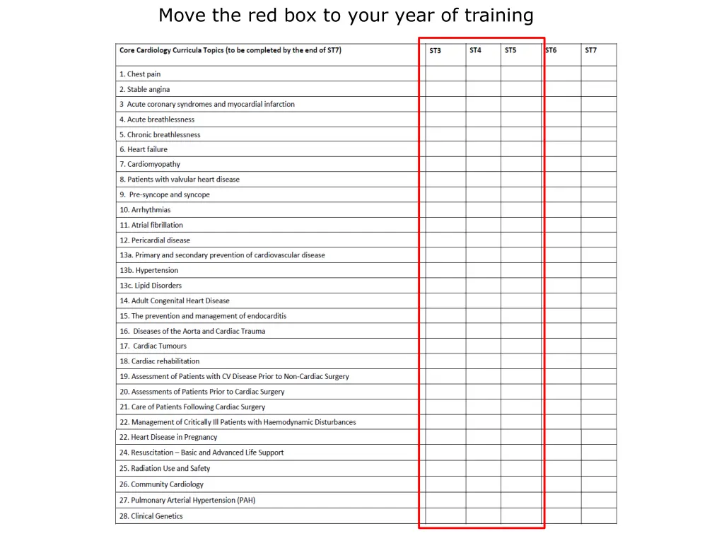 move the red box to your year of training 1