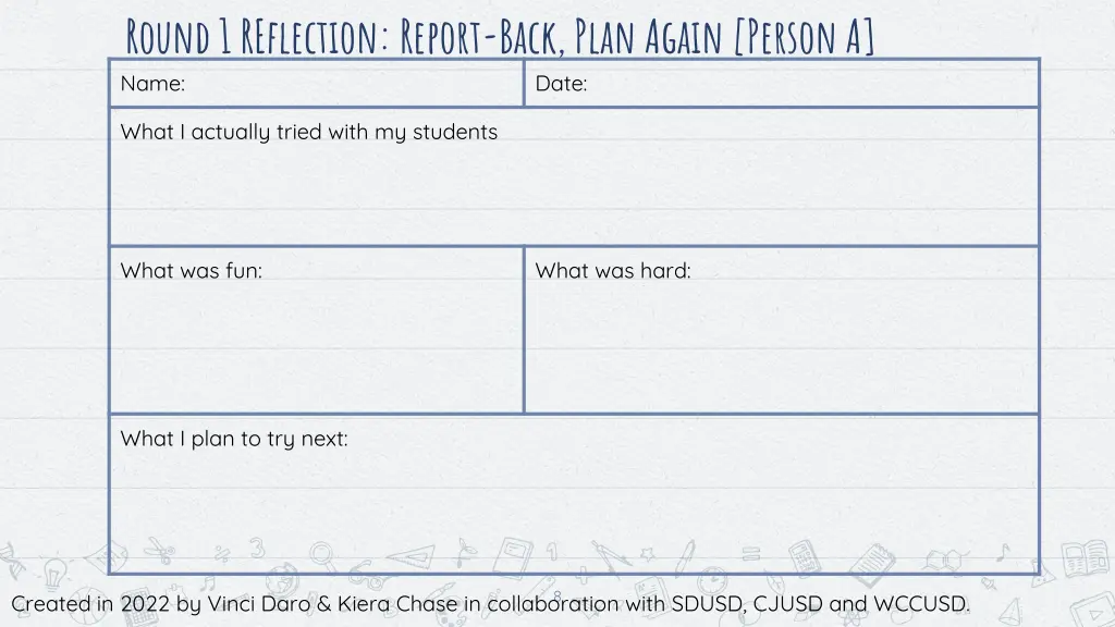 round 1 reflection report back plan again person