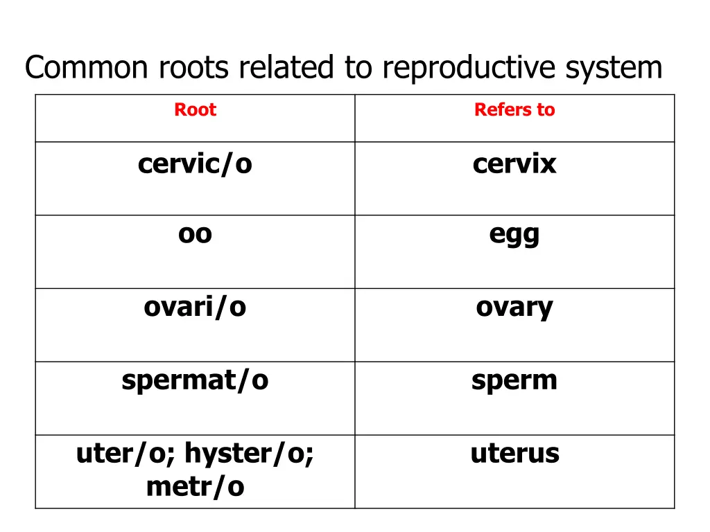 common roots related to reproductive system