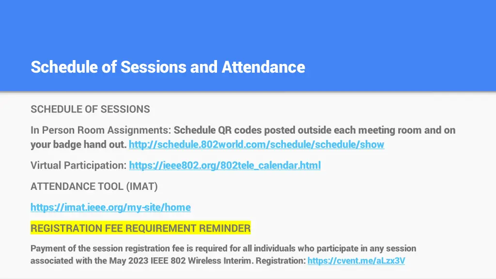 schedule of sessions and attendance