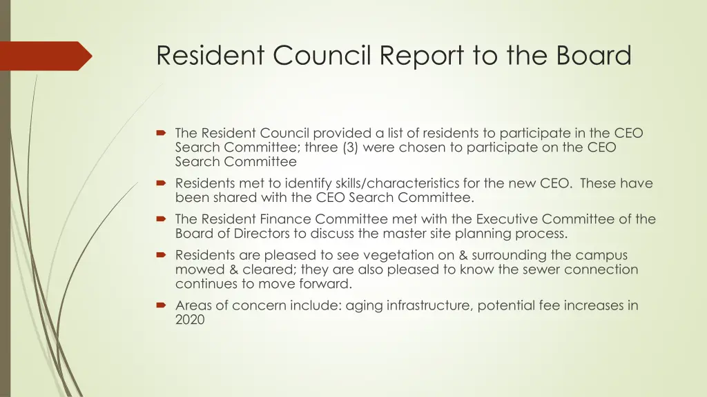 resident council report to the board