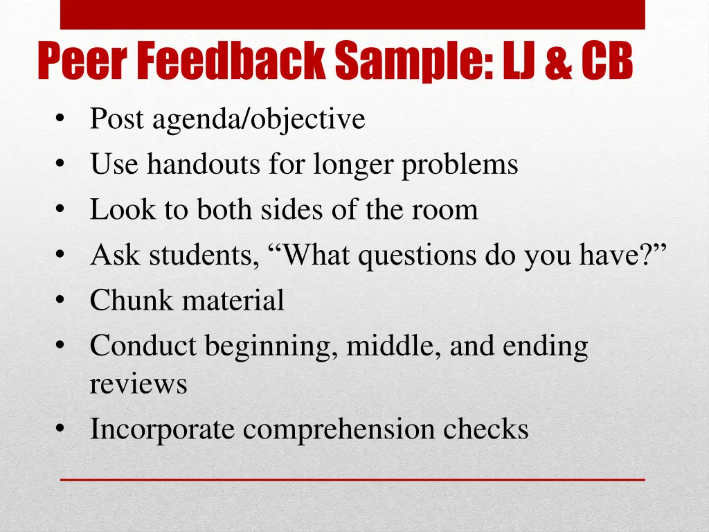 peer feedback sample lj cb post agenda objective