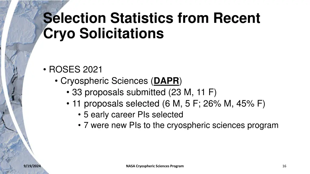 selection statistics from recent cryo 1