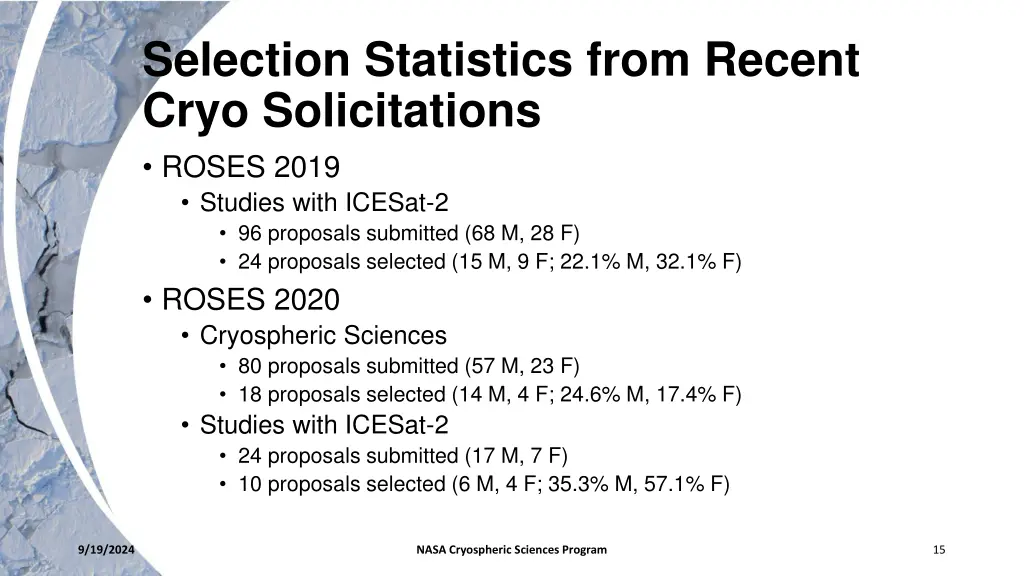 selection statistics from recent cryo