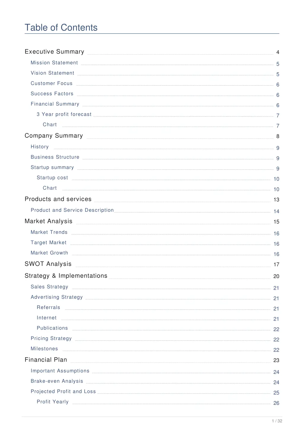 table of contents