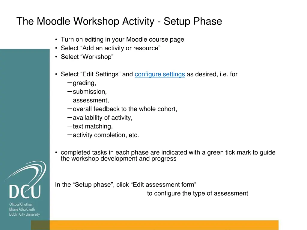 the moodle workshop activity setup phase