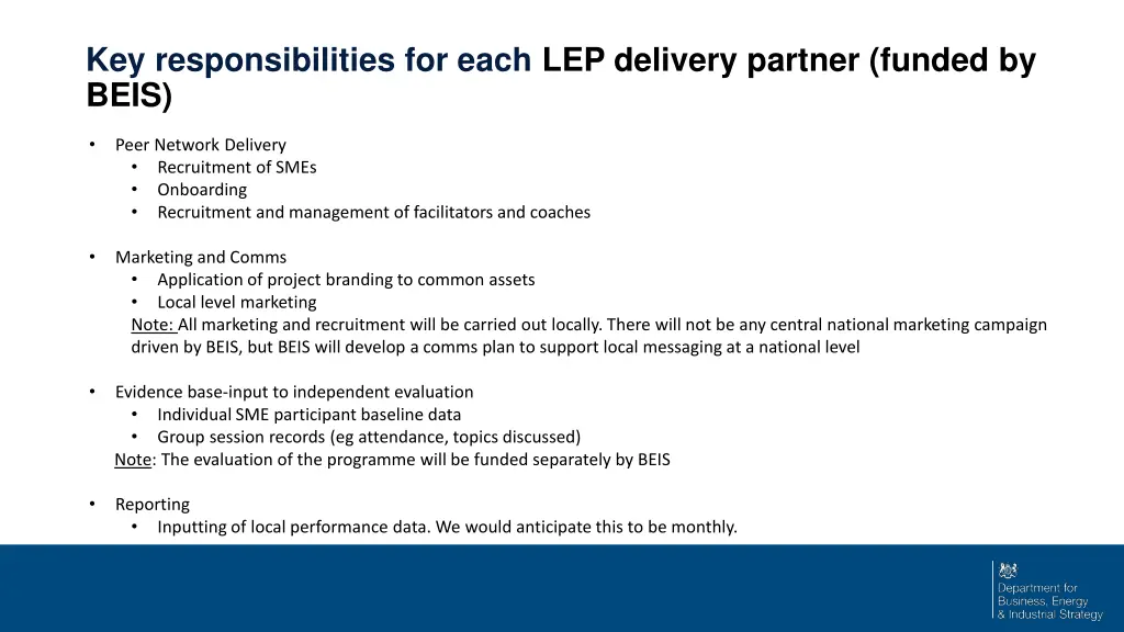 key responsibilities for each lep delivery