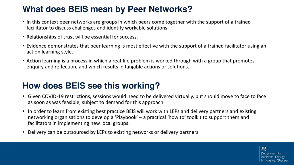 what does beis mean by peer networks