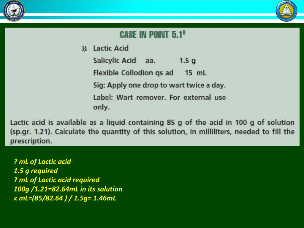 ml of lactic acid 1 5 g required ml of lactic