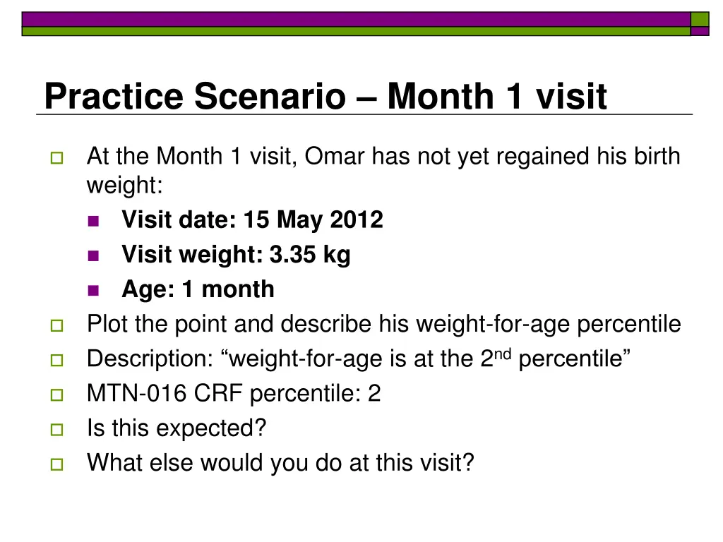 practice scenario month 1 visit