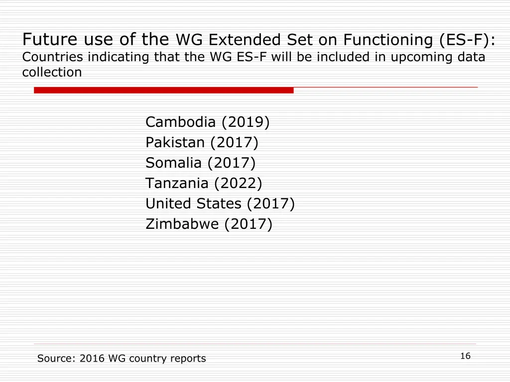 future use of the wg extended set on functioning