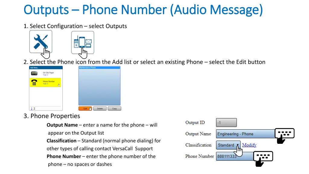 outputs outputs phone number audio message phone