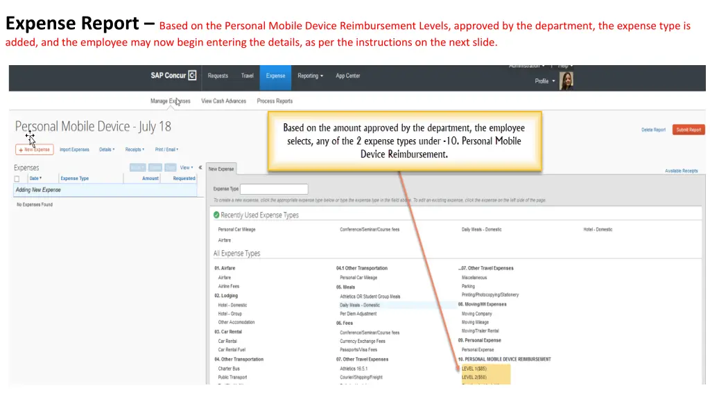 expense report based on the personal mobile