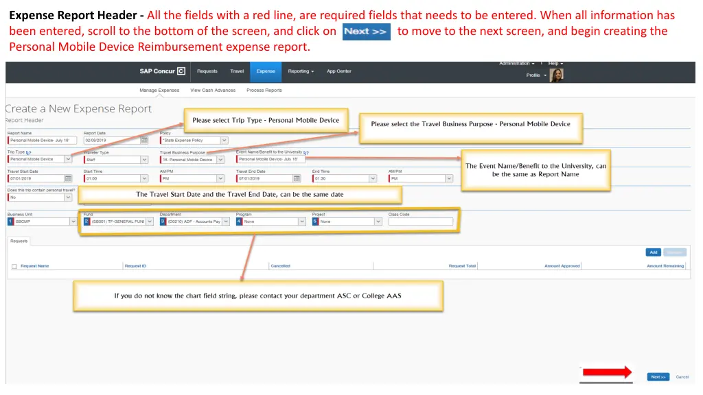 expense report header all the fields with