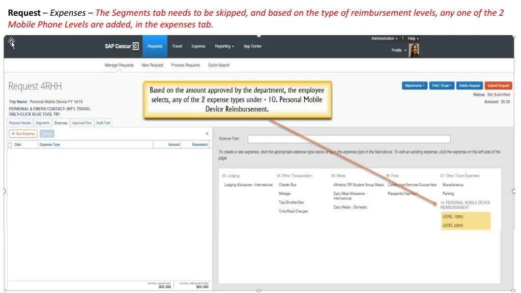 request expenses the segments tab needs