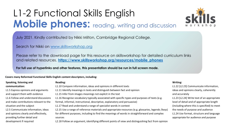 l1 2 functional skills english mobile phones