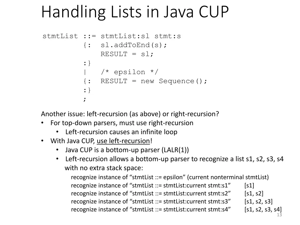 handling lists in java cup