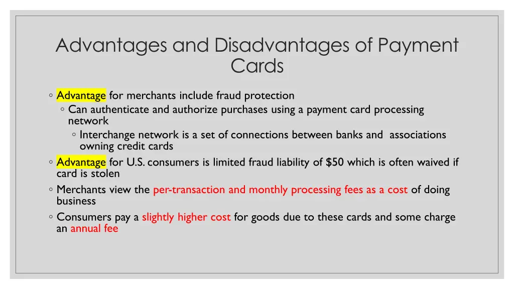 advantages and disadvantages of payment cards