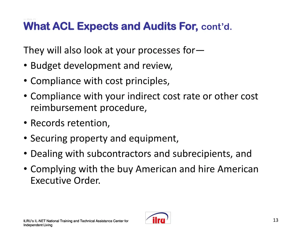 slide slide 13 what acl expects and audits