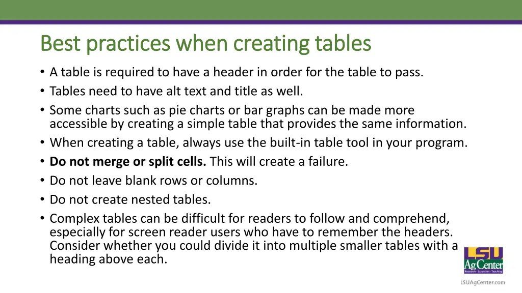 best practices when creating tables best