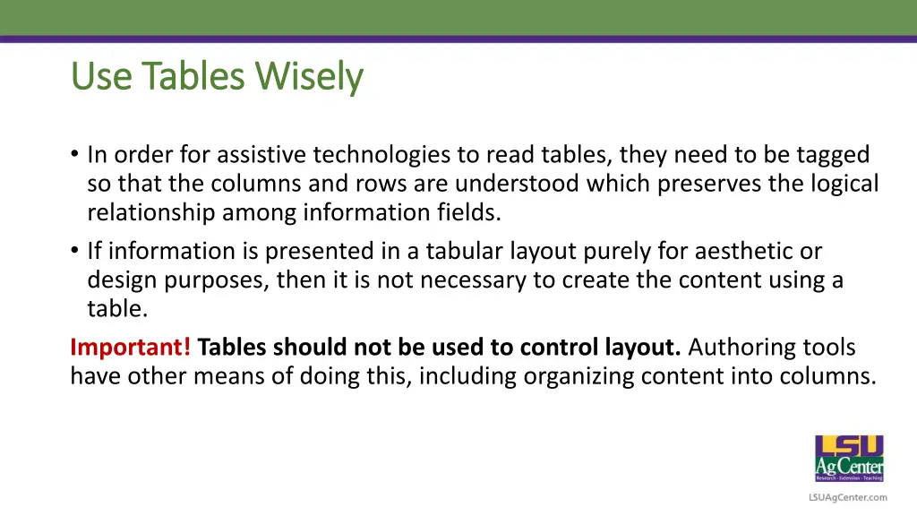 use tables wisely use tables wisely