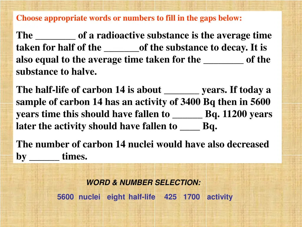 choose appropriate words or numbers to fill