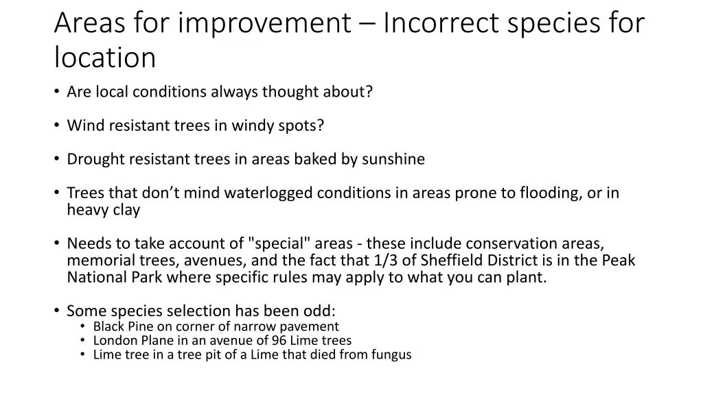 areas for improvement incorrect species