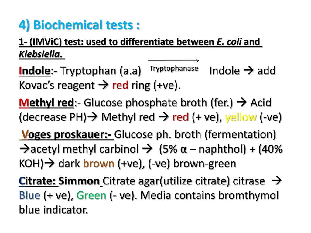 4 biochemical tests 1 imvic test used