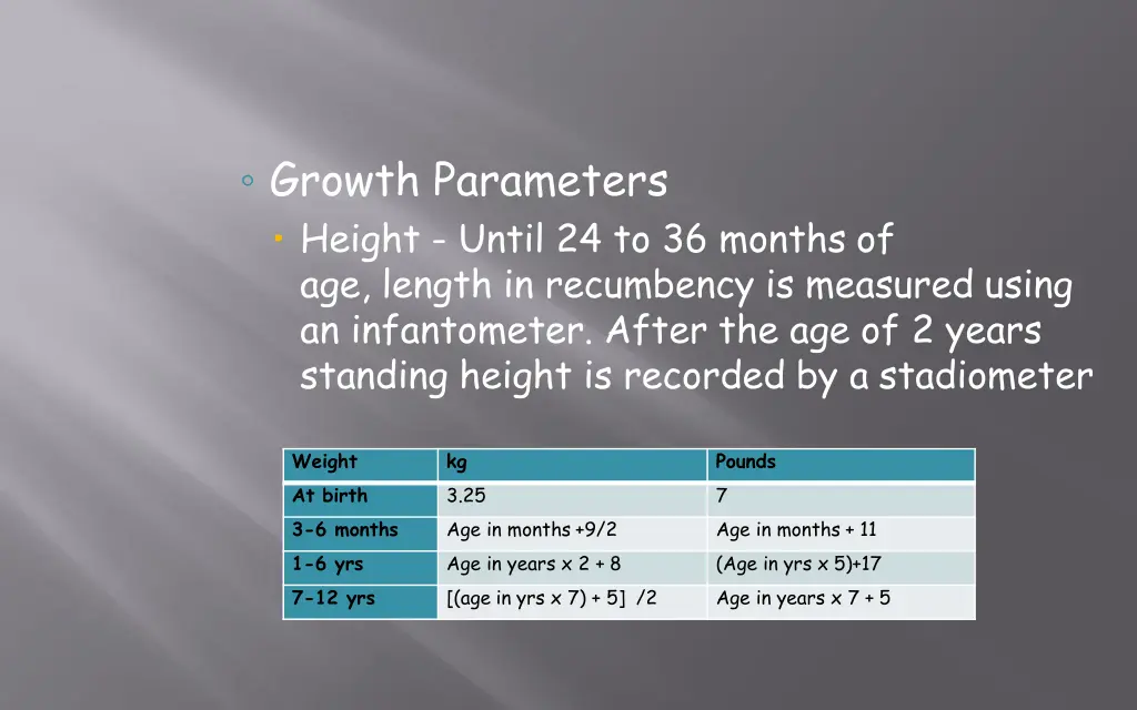 growth parameters height until 24 to 36 months