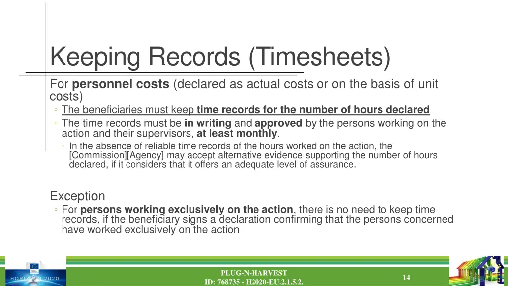 keeping records timesheets for personnel costs