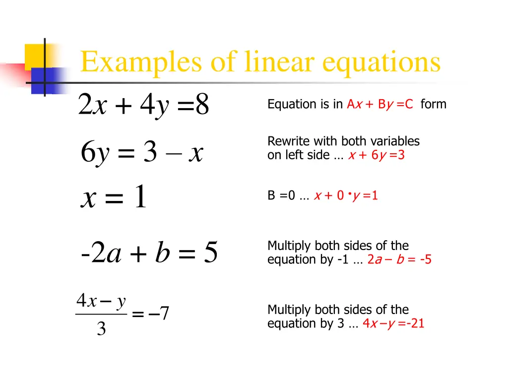 examples of linear equations 2 x 4 y 8 6 y 3 x x 1