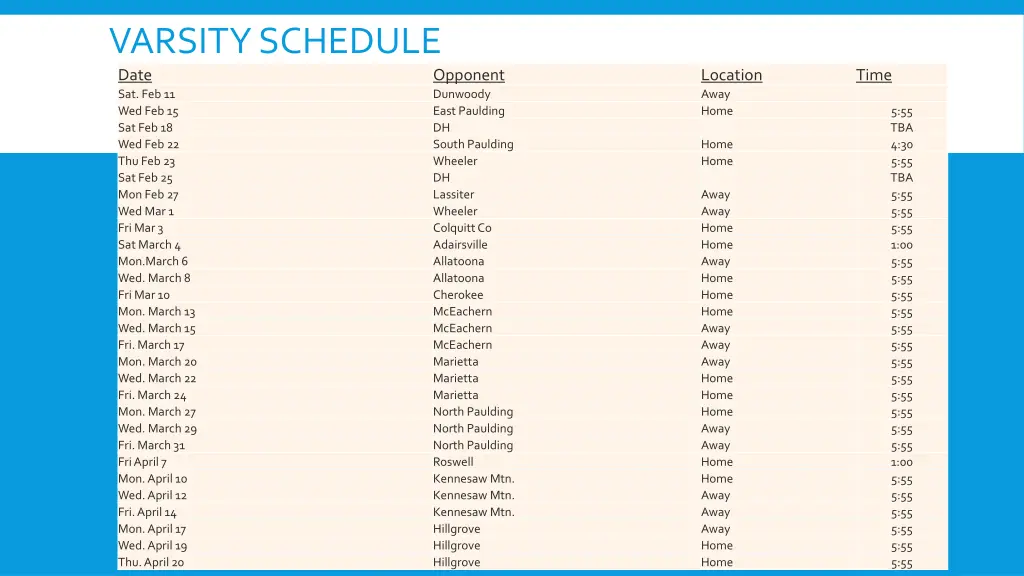 varsity schedule date