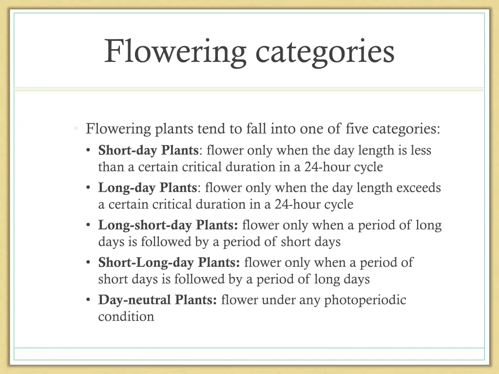 flowering categories