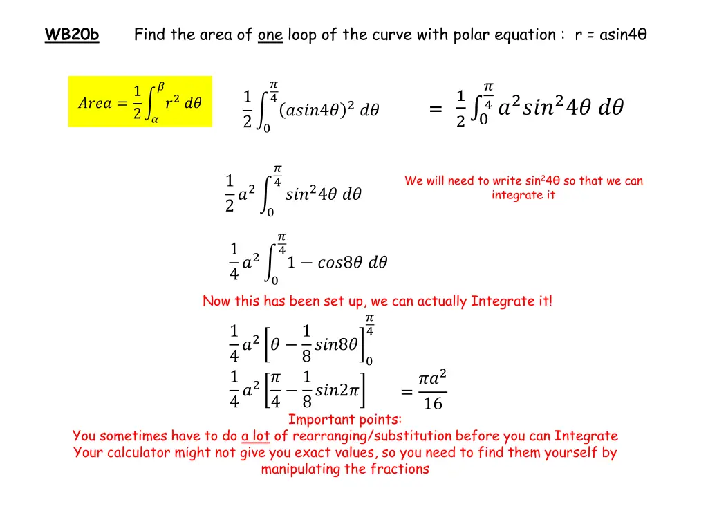 wb20b find the area of one loop of the curve with