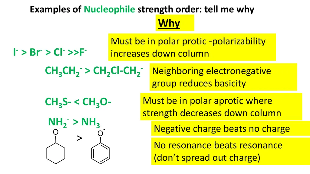 examples of nucleophile strength order tell me why