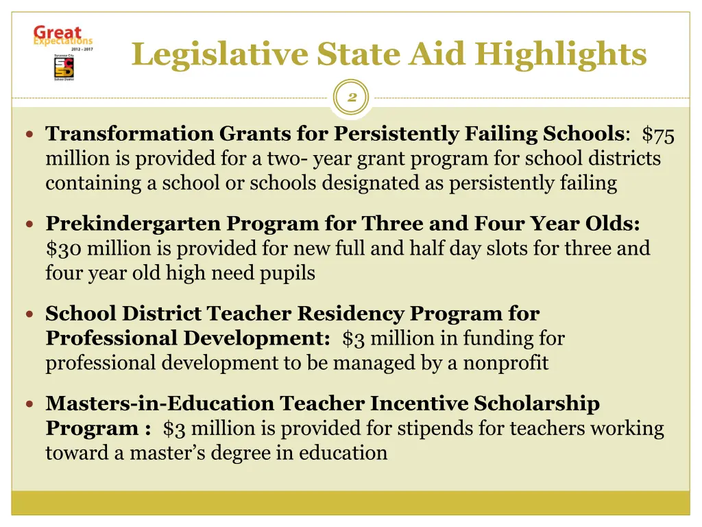 legislative state aid highlights