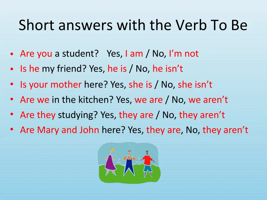 short answers with the verb to be