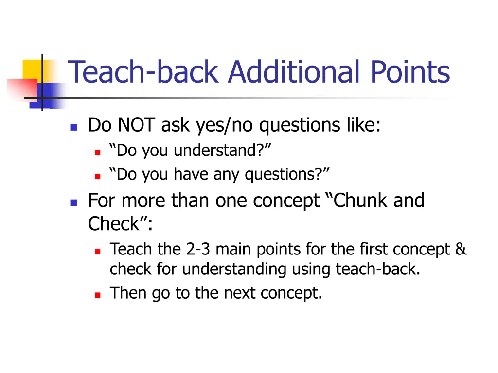 teach back additional points