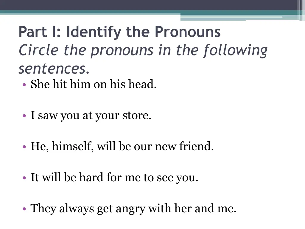 part i identify the pronouns circle the pronouns