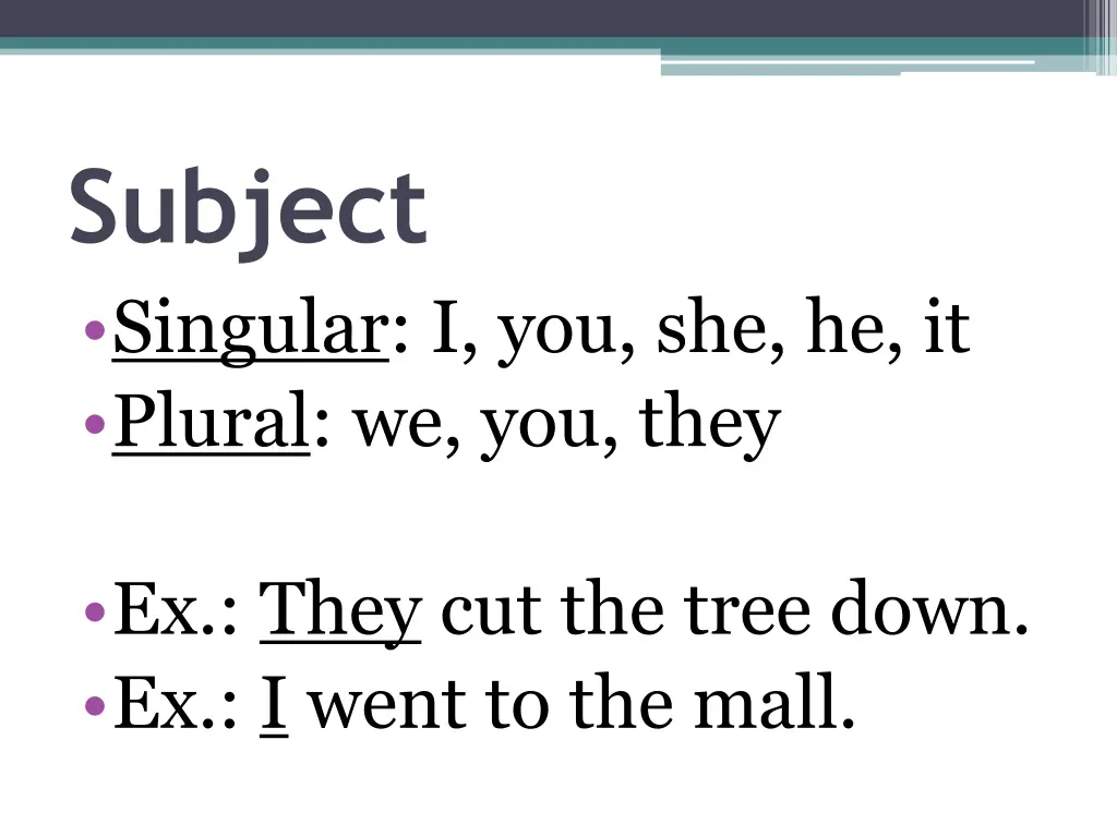 subject singular i you she he it plural