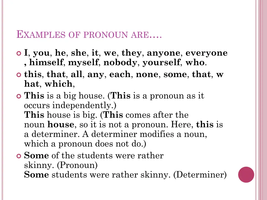 e xamples of pronoun are