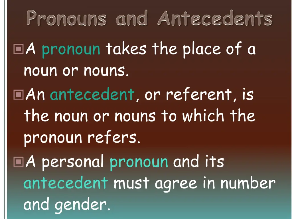 a pronoun takes the place of a noun or nouns 1