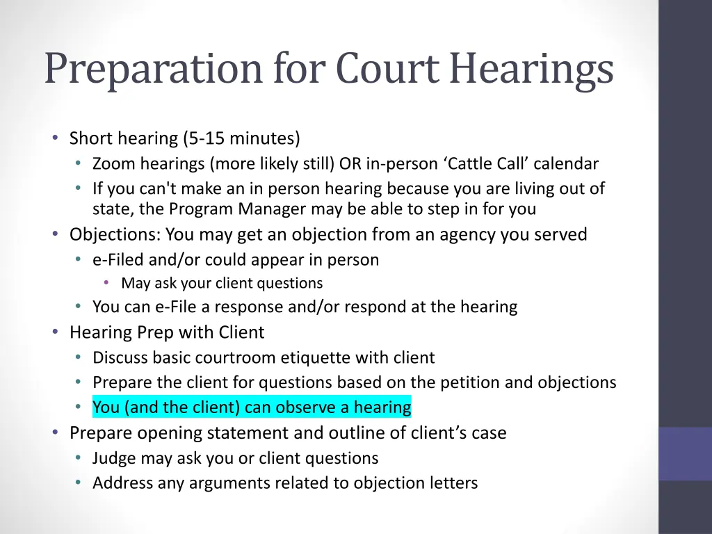 preparation for court hearings