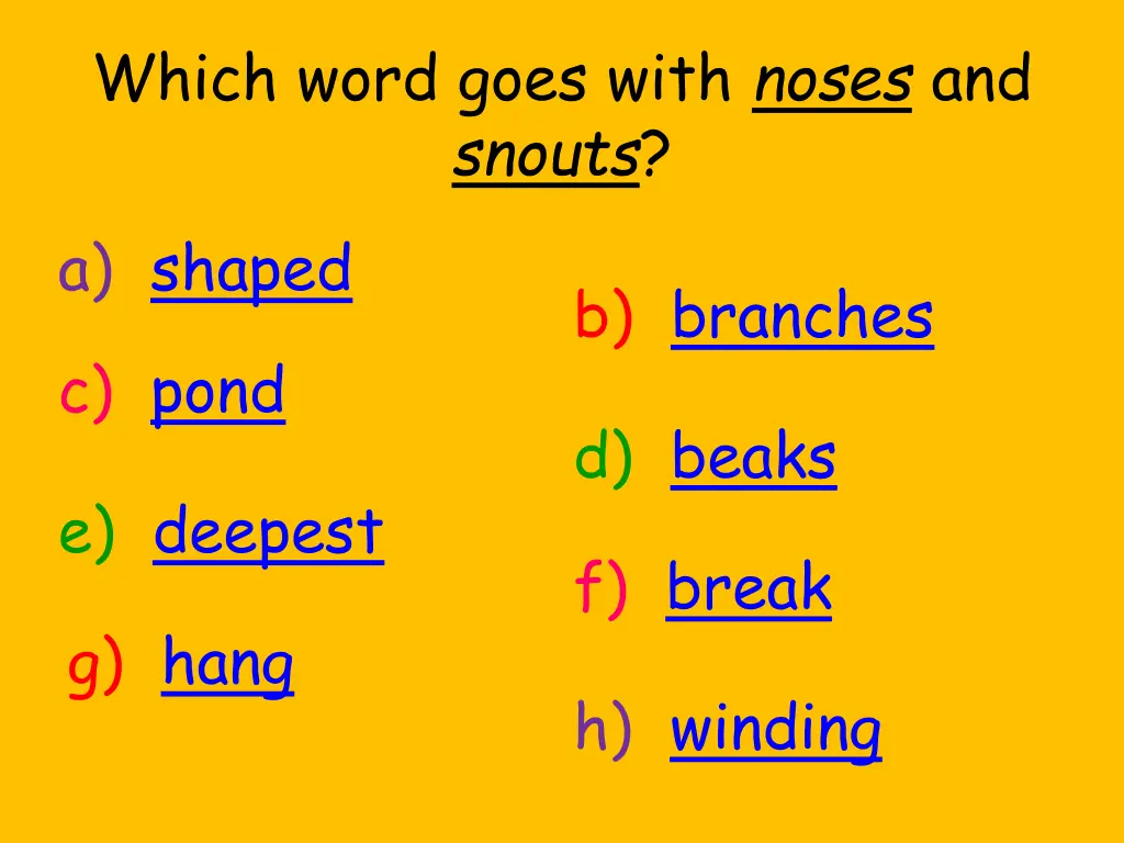 which word goes with noses and snouts a shaped