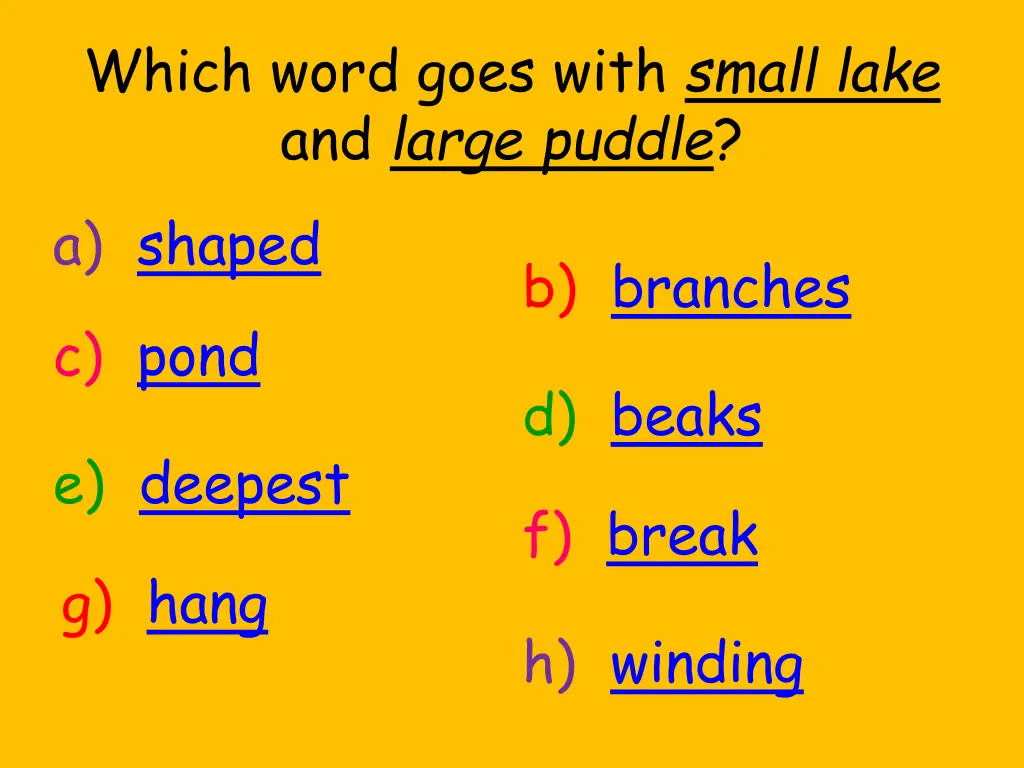 which word goes with small lake and large puddle