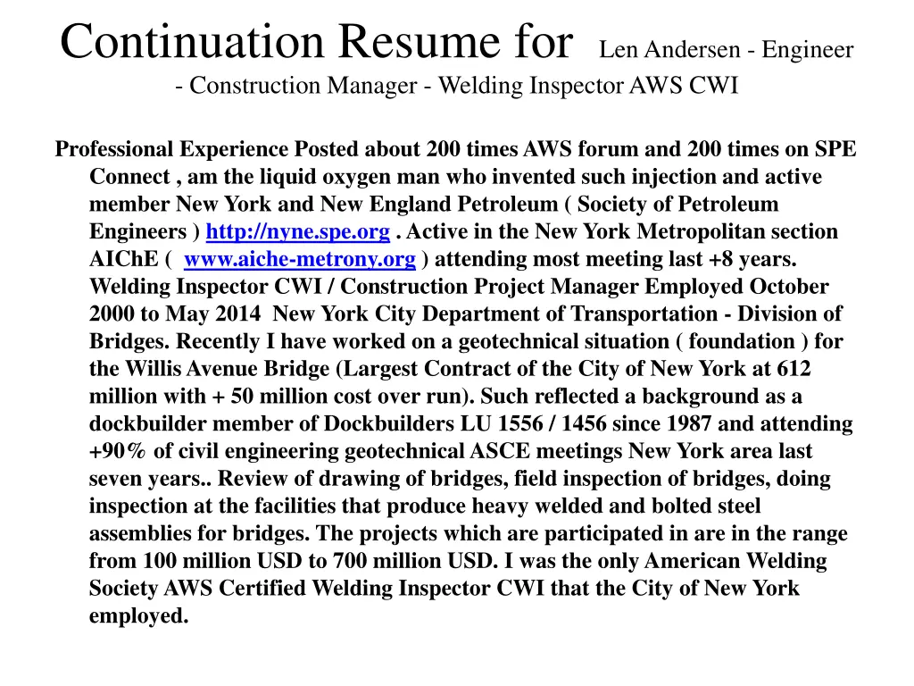 continuation resume for len andersen engineer