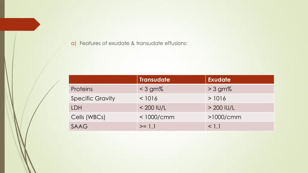 a features of exudate transudate effusions