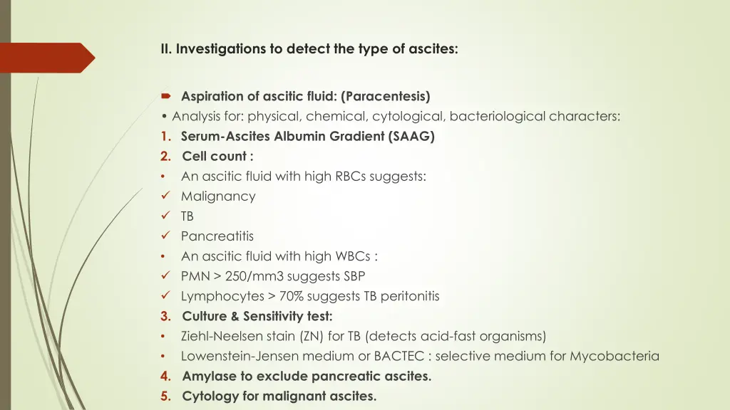 ii investigations to detect the type of ascites